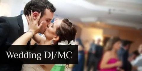 A bride and groom dancing at a wedding reception with a 'Wedding DJ/MC' text overlay.