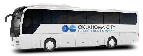 A white full-size charter bus with the Oklahoma City Charter Bus Company logo and text on the side.