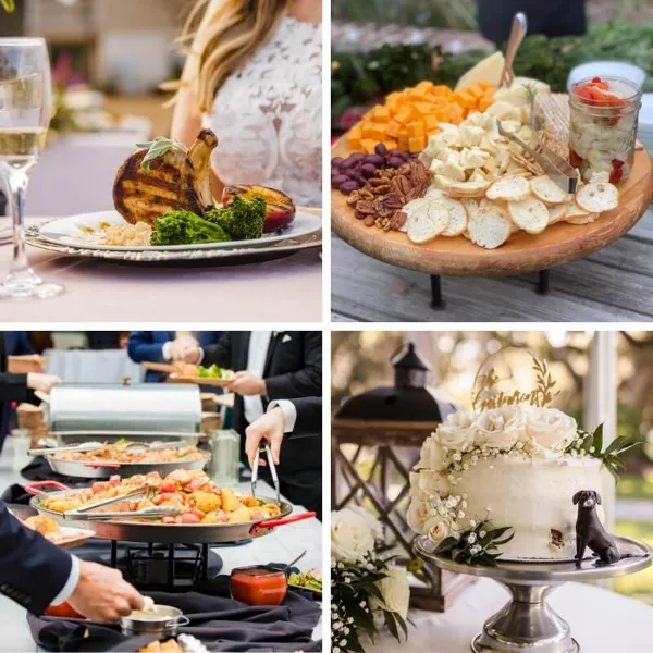 A collage of four photos showing a plated meal, a cheese and fruit board, a buffet station with chafing dishes, and a decorated wedding cake.