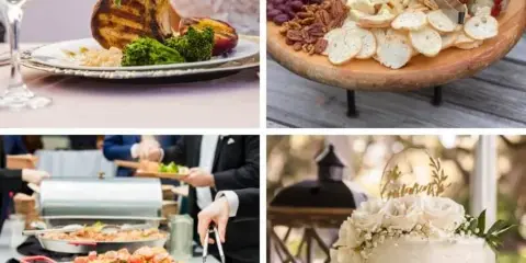 A collage of four photos showing a plated meal, a cheese and fruit board, a buffet station with chafing dishes, and a decorated wedding cake.