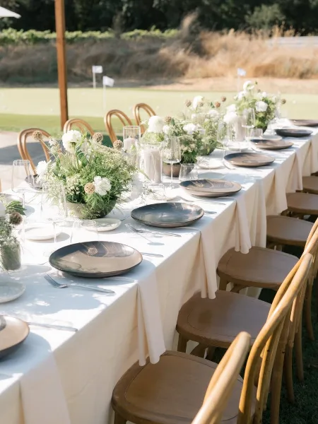 Outdoor wedding reception table featuring white linens, neutral ceramic plates, and lush floral centerpieces with greenery.