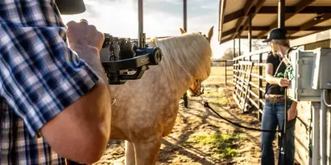 A videographer holding a camera on a gimbal stabilizer filming a horse in a stable setting.
