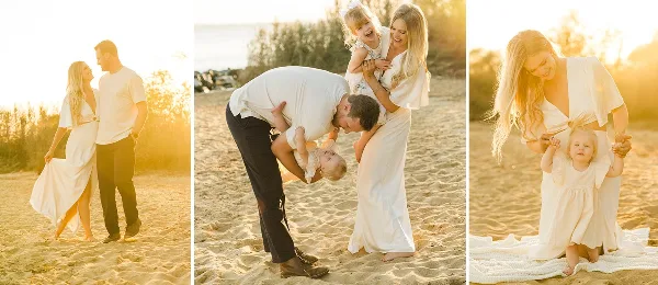A three-panel collage of professional outdoor portraits featuring a couple and a family with young children on a sandy beach at sunset.