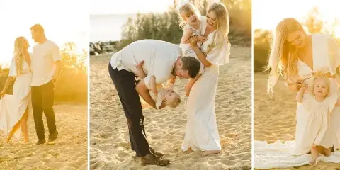 A three-panel collage of professional outdoor portraits featuring a couple and a family with young children on a sandy beach at sunset.
