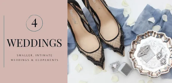 A flat lay photograph of black beaded wedding shoes, a diamond ring, and a silver tray with jewelry, accompanied by text reading '4 WEDDINGS SMALLER, INTIMATE WEDDINGS & ELOPEMENTS'.