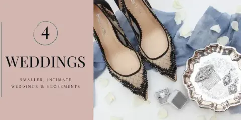 A flat lay photograph of black beaded wedding shoes, a diamond ring, and a silver tray with jewelry, accompanied by text reading '4 WEDDINGS SMALLER, INTIMATE WEDDINGS & ELOPEMENTS'.