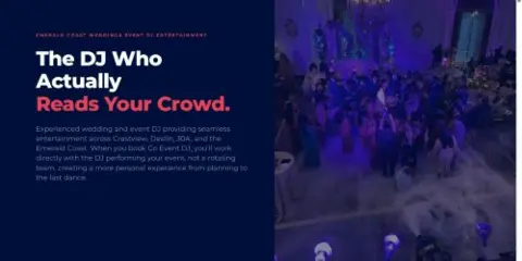 A crowded dance floor at a wedding or event with purple and blue lighting effects.