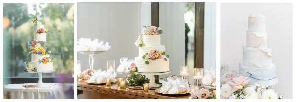A collage of three wedding cakes: a white tiered cake with colorful flowers, a white cake with pink roses on a wooden table with candles, and a tall white and blue marbled cake.