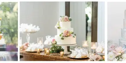 A collage of three wedding cakes: a white tiered cake with colorful flowers, a white cake with pink roses on a wooden table with candles, and a tall white and blue marbled cake.