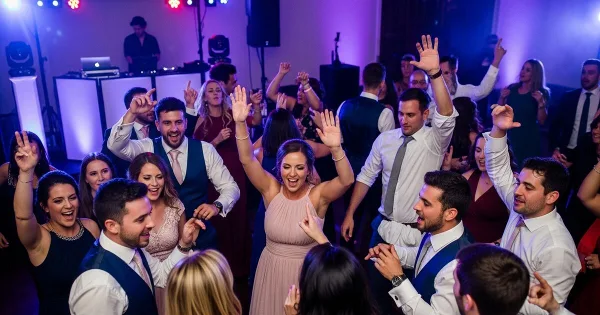 A crowded wedding dance floor with guests dancing and a DJ booth in the background.
