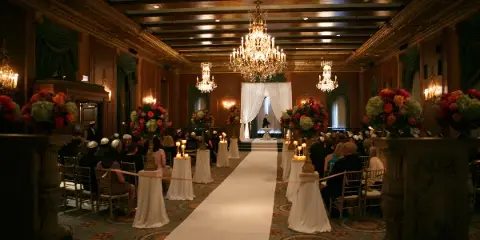 A formal wedding ceremony in progress inside an ornate ballroom with chandeliers and floral decorations.