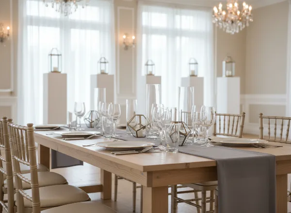 A wedding reception tablescape featuring a long wooden farmhouse table, champagne Chiavari chairs, and crystal stemware.