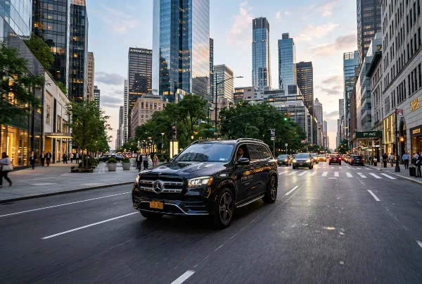 A black Mercedes-Benz luxury SUV driving on a city street with skyscrapers in the background.