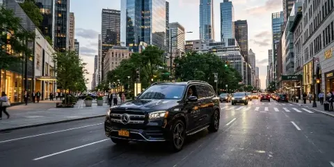 A black Mercedes-Benz luxury SUV driving on a city street with skyscrapers in the background.