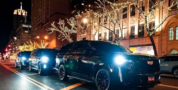 A line of black Cadillac Escalades parked on a city street at night with illuminated trees in the background.