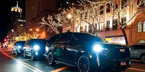 A line of black Cadillac Escalades parked on a city street at night with illuminated trees in the background.