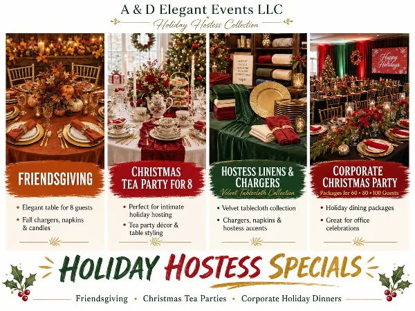 A promotional graphic for A&D Elegant Events LLC showing four photos of holiday event rentals, including a Friendsgiving table setting, a Christmas tea party, a display of velvet linens and gold charger plates, and a large corporate holiday
