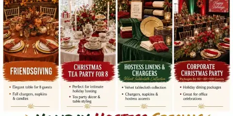 A promotional graphic for A&D Elegant Events LLC showing four photos of holiday event rentals, including a Friendsgiving table setting, a Christmas tea party, a display of velvet linens and gold charger plates, and a large corporate holiday