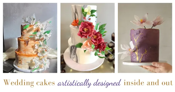 Collage of three artistically decorated wedding cakes with flowers, texture, and gold detailing.
