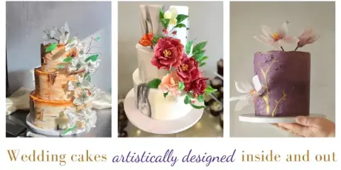 Collage of three artistically decorated wedding cakes with flowers, texture, and gold detailing.