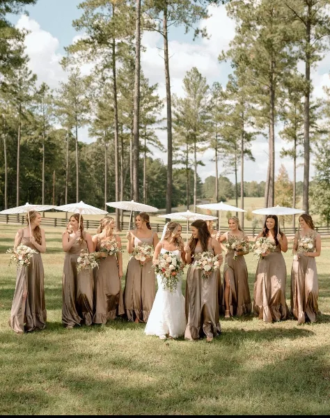 A bride and bridesmaids in taupe dresses holding white parasols and bouquets in a grassy field with a wooden fence and pine trees in the background.