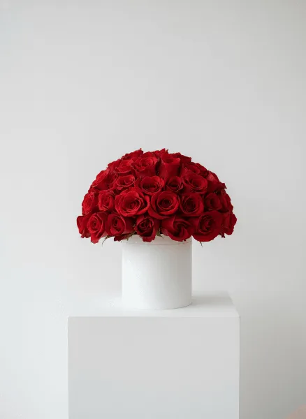 A dome of red roses arranged in a white cylindrical box on a white pedestal.
