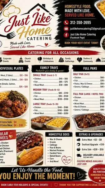 Just Like Home Catering menu board listing individual plates, family trays, full pans, sides, and extras, with photos of prepared food trays and a note that they cater weddings and other events.