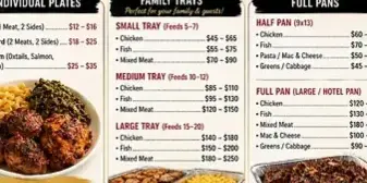 Just Like Home Catering menu board listing individual plates, family trays, full pans, sides, and extras, with photos of prepared food trays and a note that they cater weddings and other events.