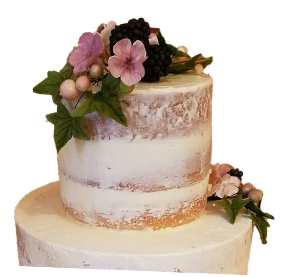 A semi-naked style cake decorated with pink sugar flowers, green leaves, and blackberries.