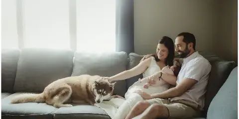 A couple sitting on a grey sofa holding a newborn baby while petting a husky dog.