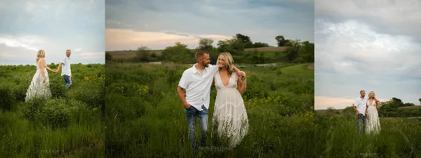 A triptych of professional outdoor engagement photos showing a couple posing in a grassy field.