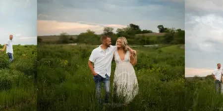 A triptych of professional outdoor engagement photos showing a couple posing in a grassy field.