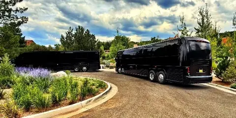 Two black luxury motor coaches parked on a paved driveway surrounded by landscaping and trees.