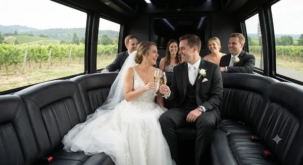 A bride and groom with their wedding party seated inside a luxury charter bus, toasting with champagne.
