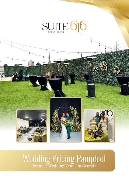 Promotional graphic for Suite 616 Event Venue featuring a large photo of the outdoor event space with string lights and greenery, along with smaller inset photos of the indoor venue and a wedding couple.