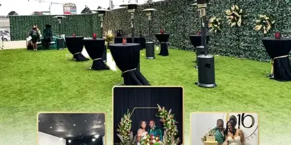 Promotional graphic for Suite 616 Event Venue featuring a large photo of the outdoor event space with string lights and greenery, along with smaller inset photos of the indoor venue and a wedding couple.