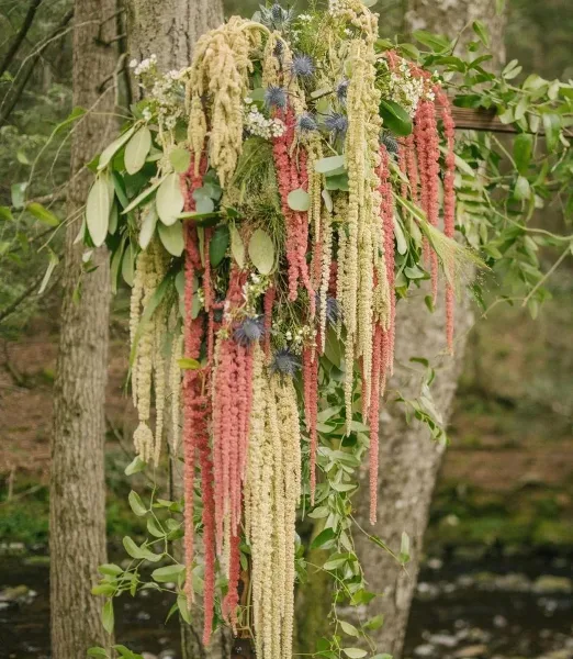 A hanging floral installation with cascading red and cream flowers and greenery in a wooded setting.