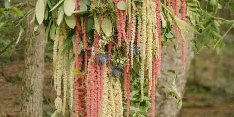 A hanging floral installation with cascading red and cream flowers and greenery in a wooded setting.