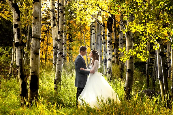 A bride and groom standing together in a grassy field surrounded by aspen trees with yellow autumn leaves.