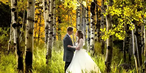 A bride and groom standing together in a grassy field surrounded by aspen trees with yellow autumn leaves.