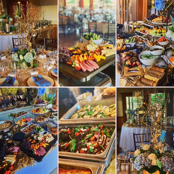 A collage of catering displays featuring gourmet food, buffet stations, and decorated event tables.