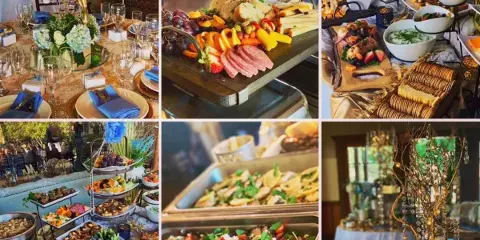 A collage of catering displays featuring gourmet food, buffet stations, and decorated event tables.