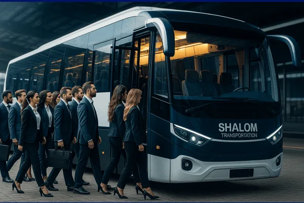 A group of people in business attire walking toward a large coach bus with 'SHALOM TRANSPORTATION' branding on the front.