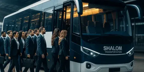 A group of people in business attire walking toward a large coach bus with 'SHALOM TRANSPORTATION' branding on the front.