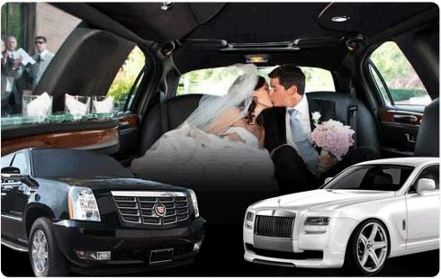 Newlyweds inside a limousine with luxury cars shown below