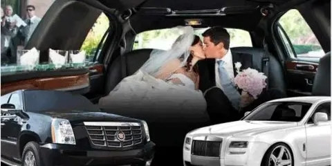 Newlyweds inside a limousine with luxury cars shown below