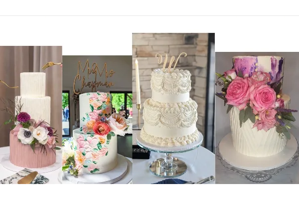 A collage of four different custom wedding cakes featuring floral decorations, intricate piping, and toppers.