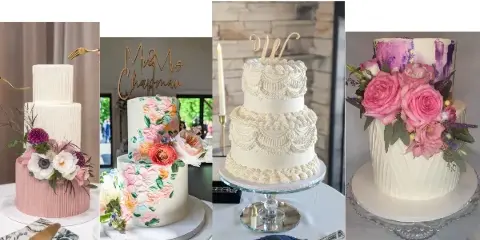 A collage of four different custom wedding cakes featuring floral decorations, intricate piping, and toppers.