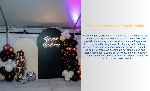 Event backdrop featuring balloon columns, floral arrangements, and a neon sign inside a tent.