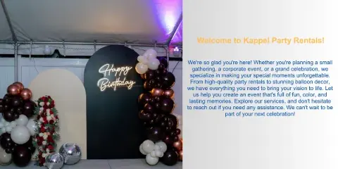 Event backdrop featuring balloon columns, floral arrangements, and a neon sign inside a tent.